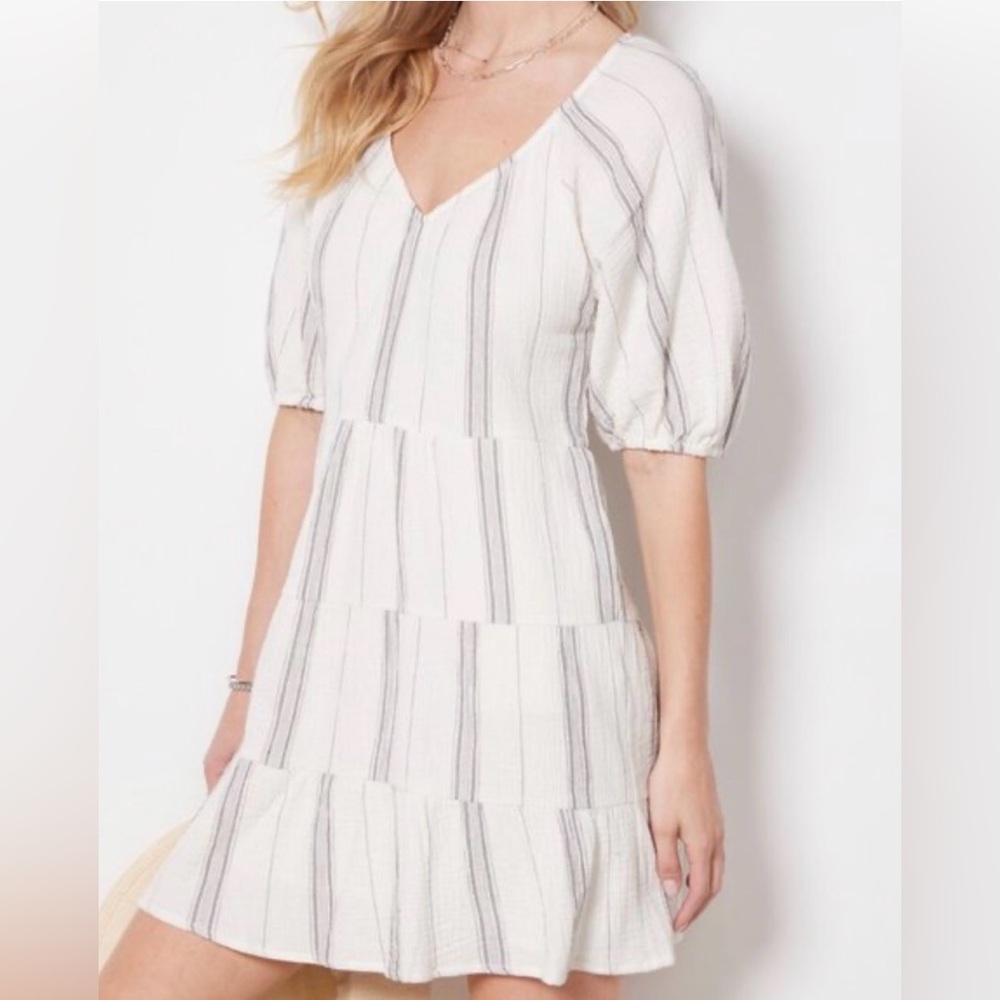 Evereve Alexia Striped Gauze V-Neck Puff Sleeve Tiered Mini Dress